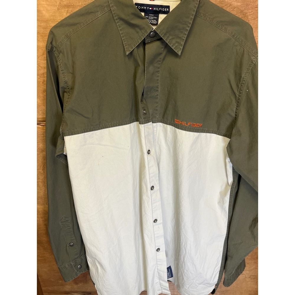 Tommy Hilfiger Mens Colorblock Button Down Shirt Olive Green White Cotton Size M